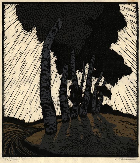 CARL THIEMANN, Karlsbad 1881 – 1966 Herbertshausen. Gegensonne - Against the Light. Original colour woodcut, 1920. This print is for sale, priced £750