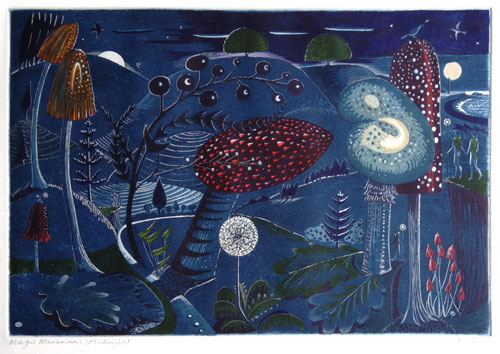 KIT BOYD, Born 1969. Magic Mushrooms (Midnight). Original hand-painted etching and aquatint. This print is for sale, priced £600
