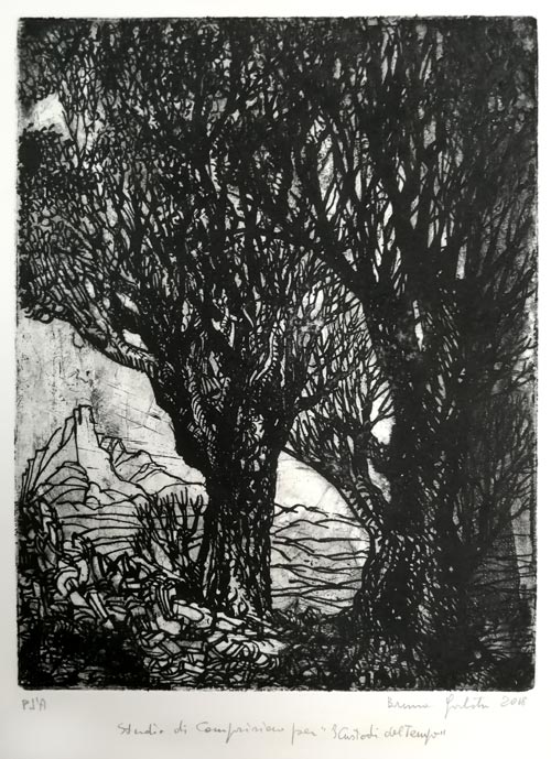 BRUNO GORLATO, born Padua 1940. Study for I Custodi del Tempo. Original etching, 2018. This print is for sale, priced £150
