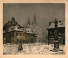 JAROMIR STRETTI-ZAMPONI, Plasy 1882 – 1959 Prague. A District of Prague under Snow. Original colour soft-ground etching with aquatint. This print is for sale, priced £250