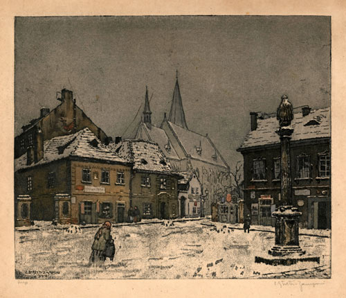 JAROMIR STRETTI-ZAMPONI, Plasy 1882 – 1959 Prague. A District of Prague under Snow. Original colour soft-ground etching with aquatint. This print is for sale, priced £250