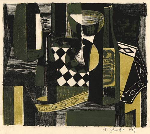 J T MEAGHER. Still life on a table top. Original three-colour lithograph, 1957. 