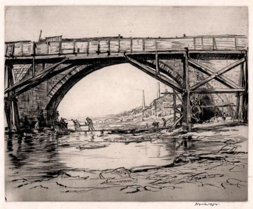 MUIRHEAD BONE, Glasgow 1876 – 1953 Oxford. Repairing the auld brig, Ayr, No 1. Original drypoint, 1909. This print is for sale, priced £400