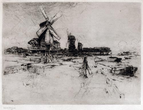 FRANK HENRY MASON, Seaton Carew, Durham 1876 – 1965 Greenwich. Windmills at Zaandam. Original etching, c1920.