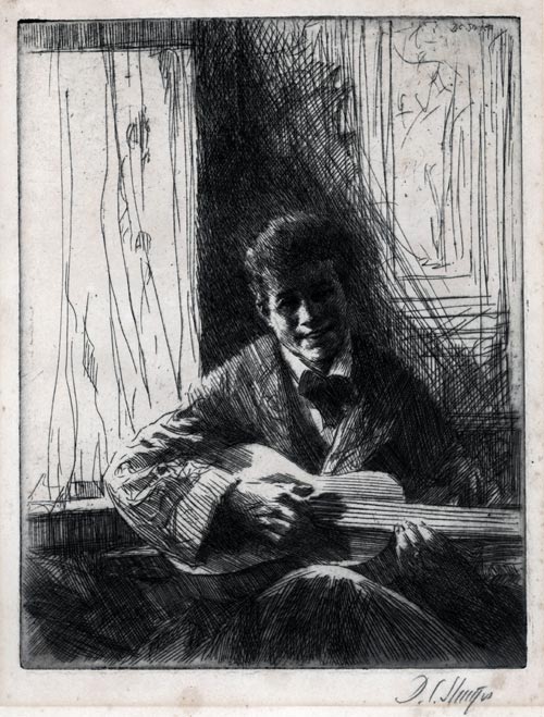 DWIGHT CASE STURGES, Boston 1874 – 1940 Boston. The Guitarist. Original etching, c1915. This print is for sale, priced £120