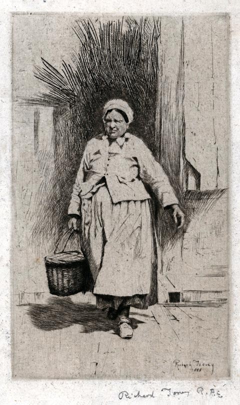 RICHARD TOOVEY R.E. Brussels 1861 – 1927 Leamington Spa. Country Woman carrying a Basket. Original etching, 1888. This print is for sale.