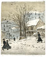 MICHAEL BLAKER R.E., Hove 1928 – 2018 Ramsgate. Winter in Montmartre – the Lapin Agile.Original etching with aquatint and colour wash, c1992. This print is for sale.