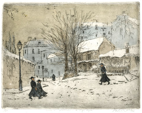 MICHAEL BLAKER R.E., Hove 1928 – 2018 Ramsgate. Winter in Montmartre – the Lapin Agile.Original etching with aquatint and colour wash, c1992. This print is for sale.