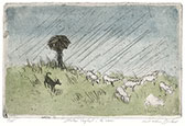 MICHAEL BLAKER R.E., Hove 1928 – 2018 Ramsgate. Italian shepherd in the rain. Original etching with colour wash, c1980. This print is for sale.