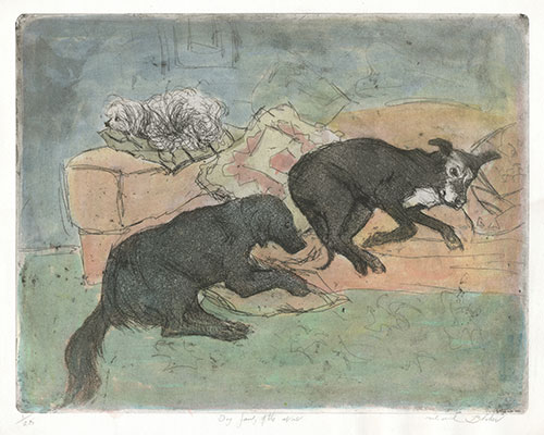 MICHAEL BLAKER R.E., Hove 1928 – 2018 Ramsgate. Dog family of the artist. Original etching, c1985. This print is for sale.