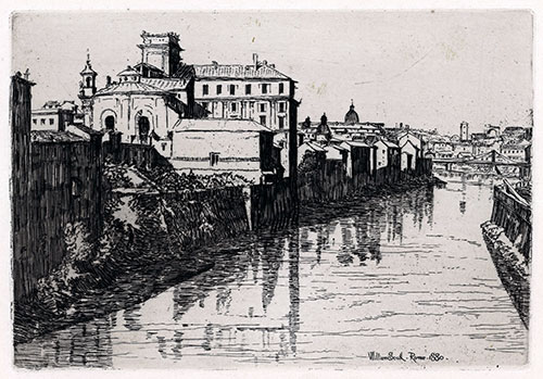 WILLIAM SCOTT R.E., 1848 – 1914. Rome from the Ponte Sisto. Original etching, 1880. This original print is for sale.