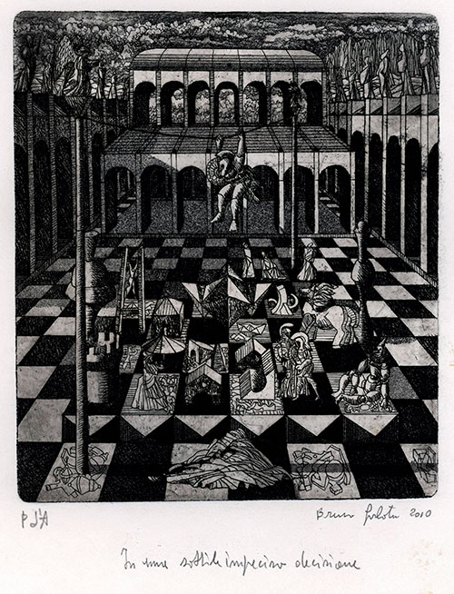 BRUNO GORLATO A.R.E., Born Padua 1940. In una sottile imprecise decisione. Original etching and aquatint, 2010. This print is for sale.