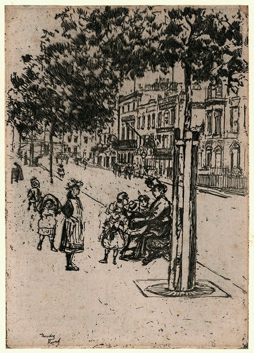 THEODORE ROUSSEL, Lorent, Brittany 1847 – 1926 St Leoanards-on-Sea. Chelsea Children, Chelsea Embankment. Original etching, 1889. This print is for sale. 