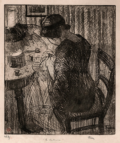 JEHAN FRISON, Brussels 1888 – 1961 Linkebeek. La Coutourière (The Seamstress). Original soft-ground etching, 1913.