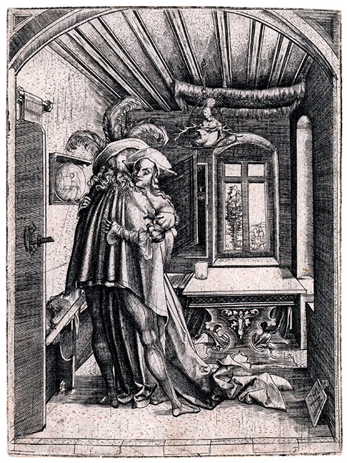 The Master MZ, c1477 – c1555. The Embrace. Original engraving, 1503. This print is for sale.