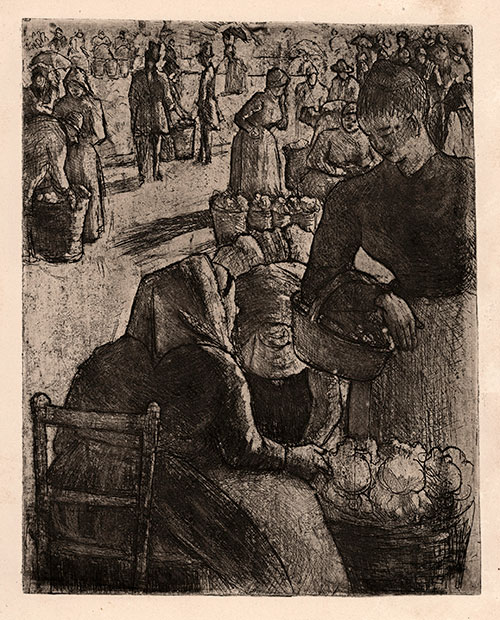 CAMILLE PISARRO, Danish Antilles 1830 – 1903 Paris. Marché aux Légumes à Pontoise. Original etching with aquatint, 1891. 