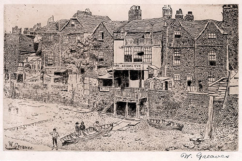 WALTER GREAVES, Cheyne Row, Chelsea 1846 – 1930 Hammersmith Hospital. The Adam & Eve. Original etching, c1870’s. 