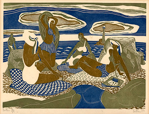 BLAIR HUGHES-STANTON S.W.E., London 1902 – 1981 Kings Lynn. Bathers. Original colour linocut, 1950. 