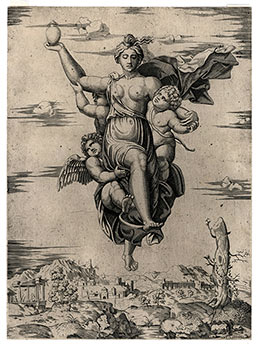 School of Raimondi after RAPHAEL, Urbino 1483 – 1520 Rome. Psyche carrying the flask of beauty to Venus. Original engraving.