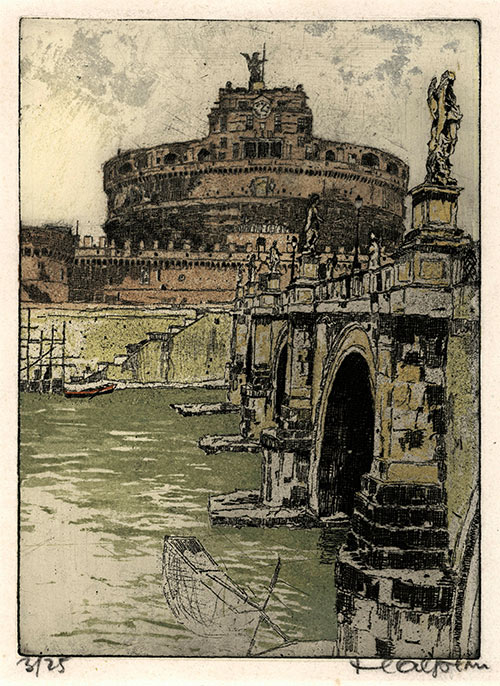 FREDERICK HALPERN, Born Vienna? 1909. Died in Australia. The Castel Sant’ Angelo, Rome. Original colour soft-ground etching and aquatint, c1930. 