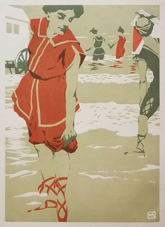 HANS NEUMANN, Kassel 1873 - 1957.  Badefrauden   Women Sea Bathing. Original colour woodcut, c1903.