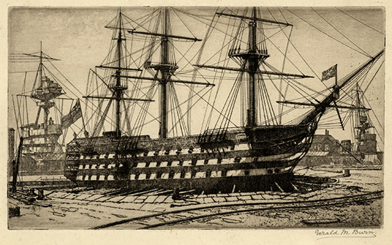 GERALD MAURICE BURN, Hammersmith, London 1859 – 1945 Amberley Sussex. HMS Victory. Original etching. 