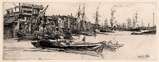 JAMES McNEILL WHISTLER, Lowell, Massachusetts 1834 – 1903 London. Thames Warehouses. Original etching, 1859. 