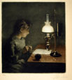 Peter Ilsted, Girl knitting by lamplight, 1913. This mezzotint is for sale