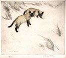 GEORGE VERNON STOKES, London 1873 – 1954 Deal. Two Siamese Cats. Original colour drypoint. 