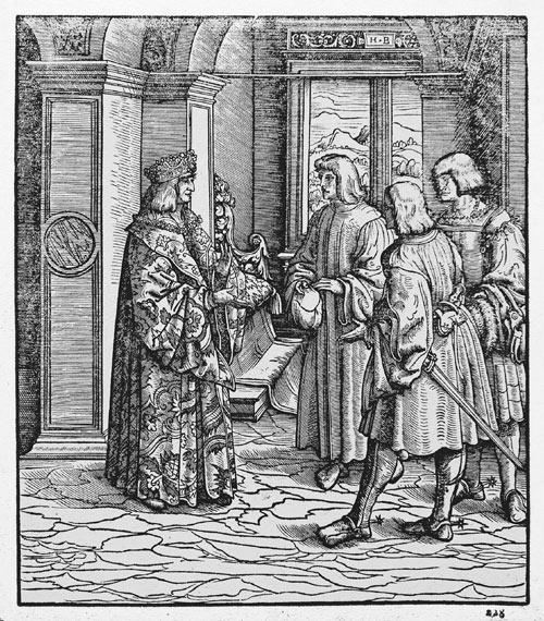 HANS BURGKMAIR the Elder, Augsburg 1473 – 1531 Augsburg. The young Weisskunig learning English from archers in the Netherlands. This original woodcut , 1514-16, is sold.