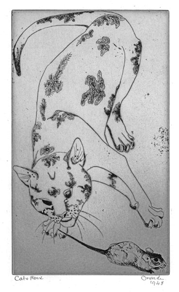 OROVIDA Pissarro, Epping 1893 – 1968 London. Cat & Mouse. This Original etching, 1948, is for sale, priced £850