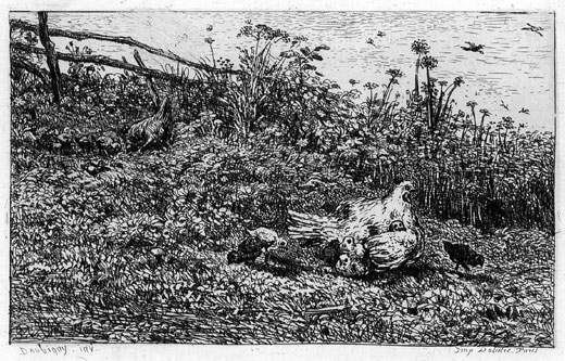 CHARLES FRANÇOIS DAUBIGNY, Paris 1817 – 1878 Paris. Hen and her Chicks. Original etching, 1860. This print is for sale, price £350