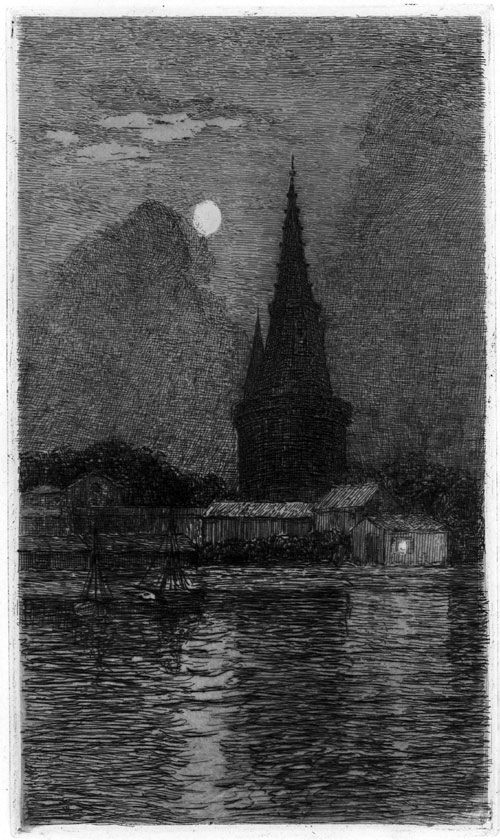 JEANNE SIMONNET, Paris 1849 – 1926 Sèvres. La Tour de la Lanterne à La Rochelle. Original etching. This print is for sale, price £120