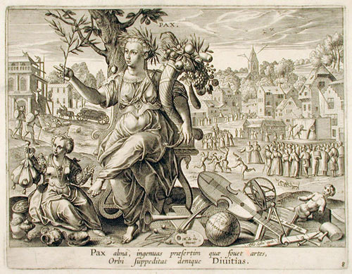 KAREL VAN MALLERY, Antwerp c1571 - c1635. PEACE bringing Prosperity and Encouraging the Arts. This engraving after Maarten de Vos is for sale, priced £650