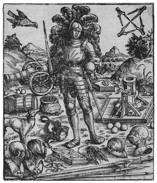 16th Century GERMAN SCHOOL, An Imperial knight in armour. Woodcut.