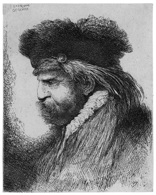 GIOVANNI BENEDETTO CASTIGLIONE, Genoa 1616 – 1664 Mantua. Man in a Fur Hat with a Feather. Original etching, c1640’s. This print is sold.