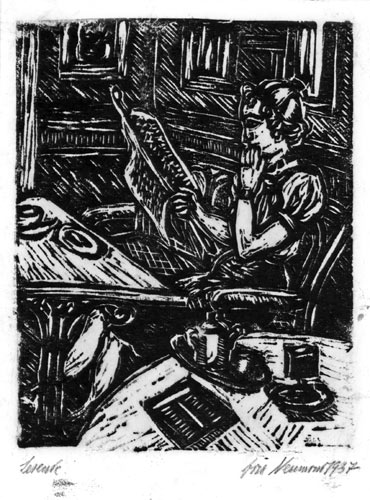 NORA NEUMOND? (née Kahn?). Lesender (Reader). Original woodcut, 1937.