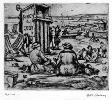 Greta Delleaney, Waiting   (Hastings beach?). This original drypoint is for sale: £135