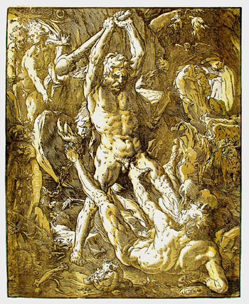 Hendrik Goltzius (1558–1616): Hercules & Cacus. Chiaroscuro woodcut, 1588. (409 x 331 mm) 