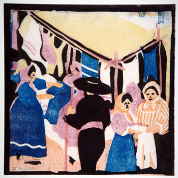 Enid B Mitchell (Exhibited 1920–1930’s): At the Fair. Colour linocut, c1930. Printed from five blocks in blue, purple, orange, yellow and black inks. (108 x 108 mm)