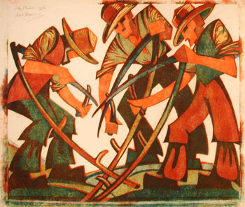 Sybil Andrews (1898–1992): The Mowers. Four-Colour ‘Grosvenor School’ linocut, 1937. (305 x 353 mm)