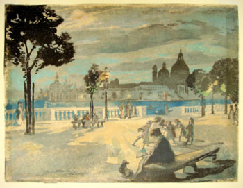 Charles Mackie R.S.A. (1862–1920): The Palace Gardens, Venice. Oil printed colour woodcut, before 1910. (430 x 580 mm)