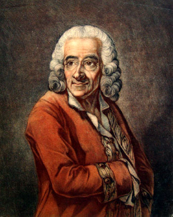 Jacques Gautier Dagoty (1710–1781): Portrait of Voltaire. Four-colour mezzotint. (238 x 190 mm)