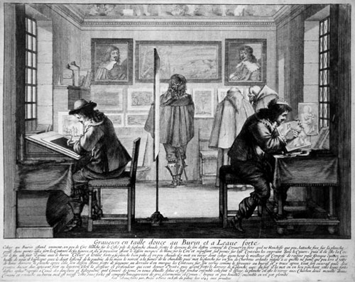 Abraham Bosse (1602–1676): Graveurs en taille douce au Burin et a l’eaue forte (An Etcher & an Engraver at work). Etching, 1643.