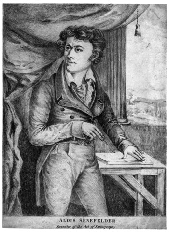 Alois Senefelder, working on a lithographic stone. An anonymous early 19th century crayon lithograph.