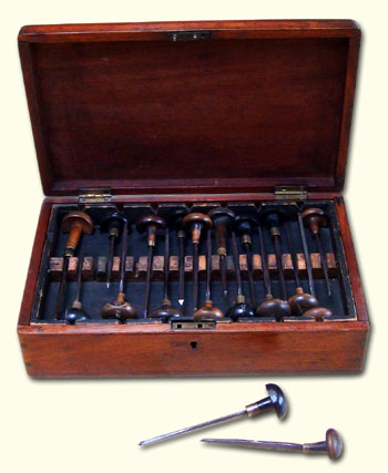 A mid-19th century box of wood engraving tools
